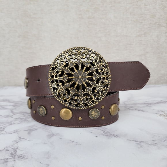 Brown Leather Belt with Studded Coin Accents Medalion Buckle Boho Western - Picture 1 of 11